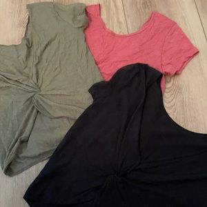 Pink, olive green and black cropped tees with knotted back
